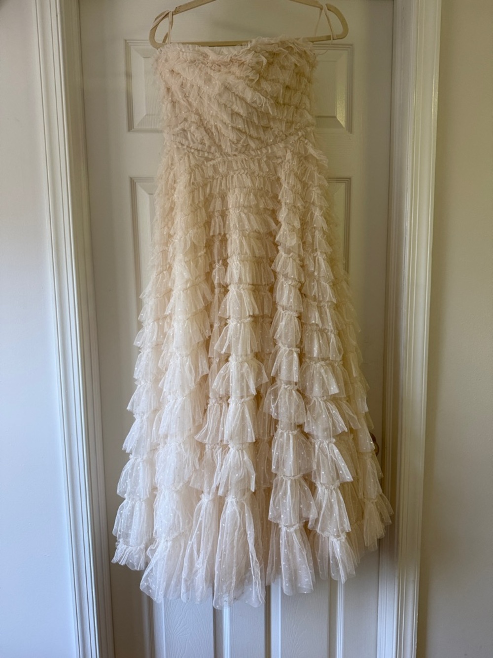 Needle & Thread Strapless Champagne Layered Tulle Ruffle Dress